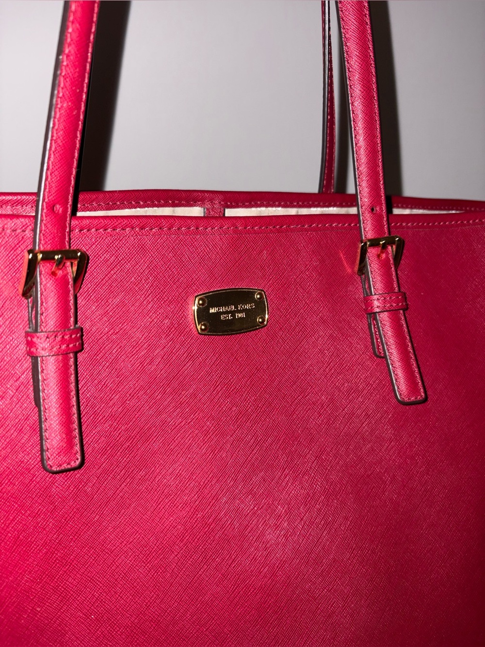 Michael Kors Cranberry Saffiano Leather Tote with Gold Plaque